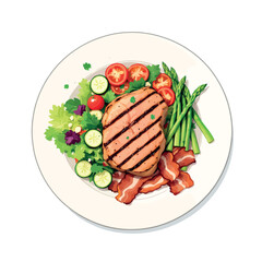 Grilled tuna steak with salad, asparagus and bacon on white plate