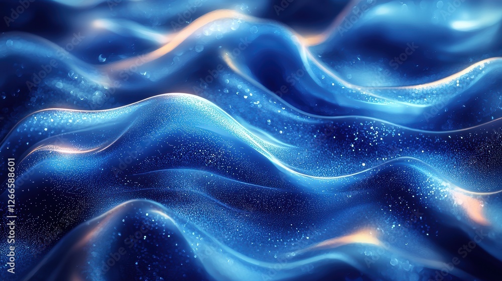 Poster abstract representation of flowing waves in blue tones with shimmering effects.