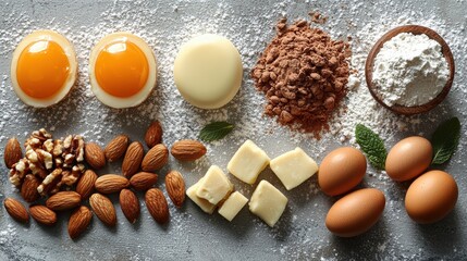 Ingredients for baking eggs, nuts, flour, cocoa, and chocolate.
