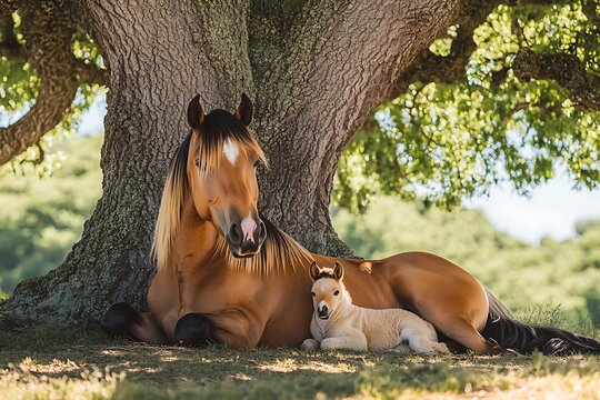 A soft-focused image of a mellow mare and her peaceful foal resting under the shade of a large oak tree during summer.