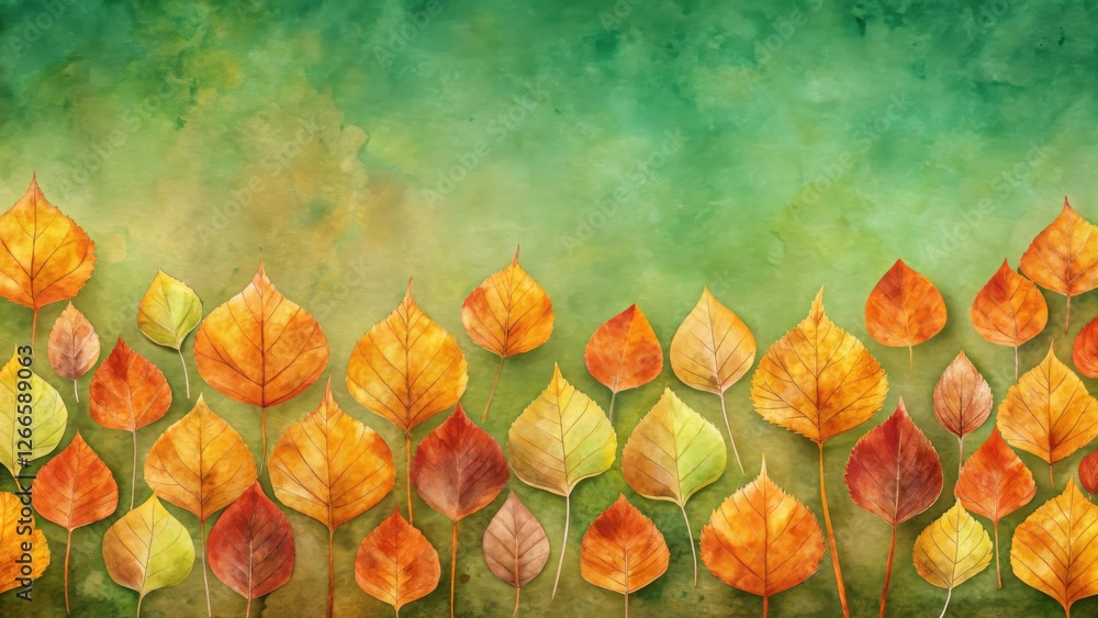Poster autumnal leaves watercolor painting on green background a vibrant fall design featuring an array of 