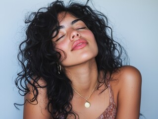 A woman with curly hair is wearing a gold necklace and smiling. Generative AI