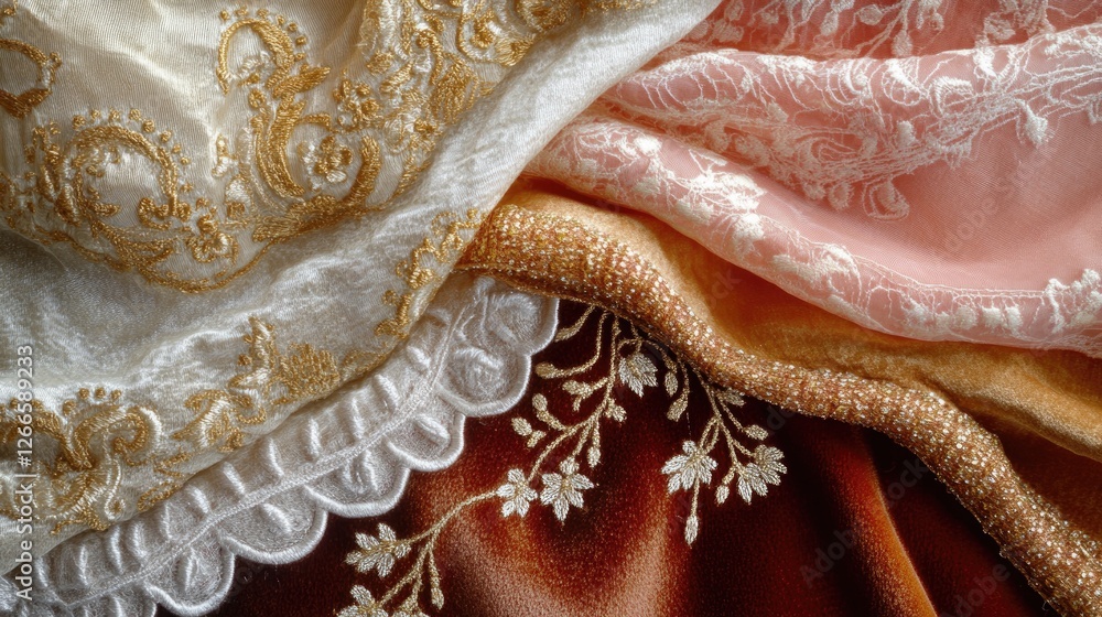 Poster luxurious fabrics layered together showcase intricate patterns a