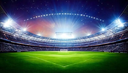  cricket football stadium interior with lights and decorations , celebration atmosphere An eye-catching image of a packed stadium at night, filled with spectators.