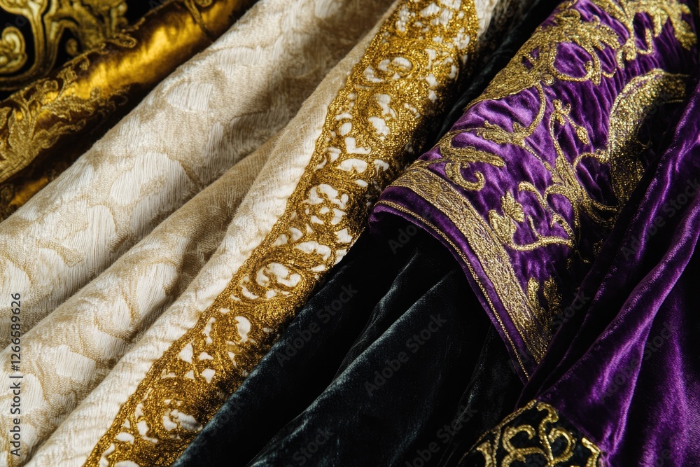 Poster richly textured fabrics display intricate patterns and vibrant c