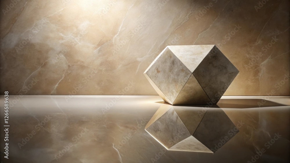 Poster reflective surface showcases a geometric stone object against a textured background
