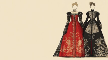 Elegant gowns showcase intricate embroidery and vibrant colors,