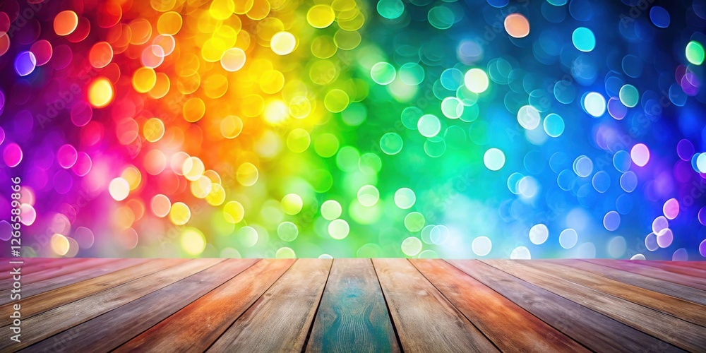 Poster Rainbow Bokeh Background with Rustic Wooden Deck for Product Display or Festive Design
