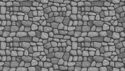 Seamless gray cobblestone wall or road background texture. Tileable grungy natural rock and stone shaped path or walkway repeat surface pattern. A high resolution construction backdrop 3D rendering