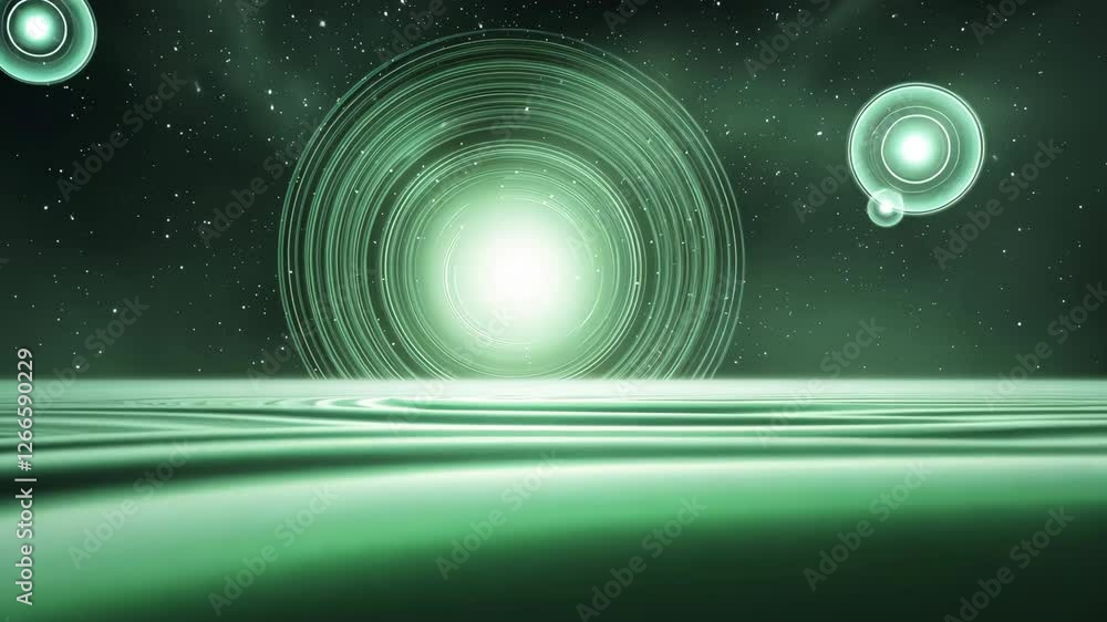 Poster mesmerizing green abstract space scene with glowing circular patterns and starry sky cosmic and futu