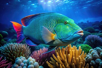 Endangered Napoleon wrasse, a rare bioluminescent wonder, photographed during a night dive on a deep coral reef.