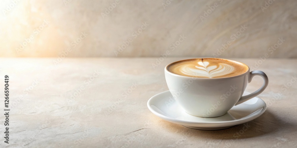 Poster aromatic latte in a white cup on a neutral surface with soft light