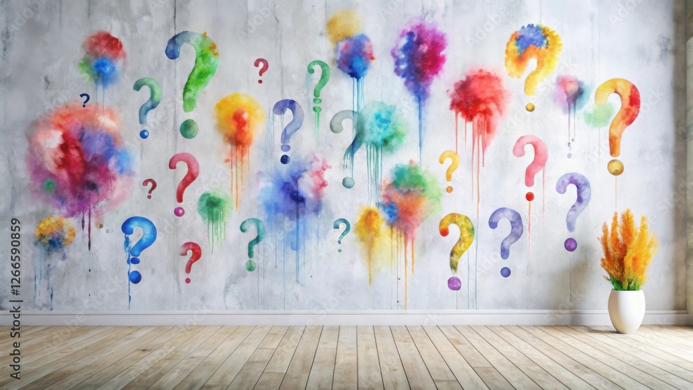 Poster a room with a wall decorated with colorful watercolor splashes and question marks, featuring a simpl