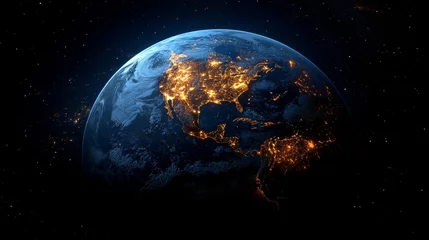 Night view of Earth from space, showing North America illuminated.