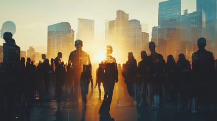 Double exposure image of business professionals in conference meeting with city office skyline in the background, representing corporate partnership, teamwork, and trust in modern business success and