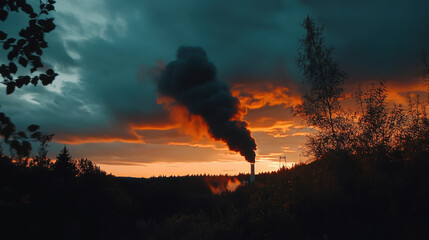 Fototapeta premium Dark smoke billowing from power plant at sunset