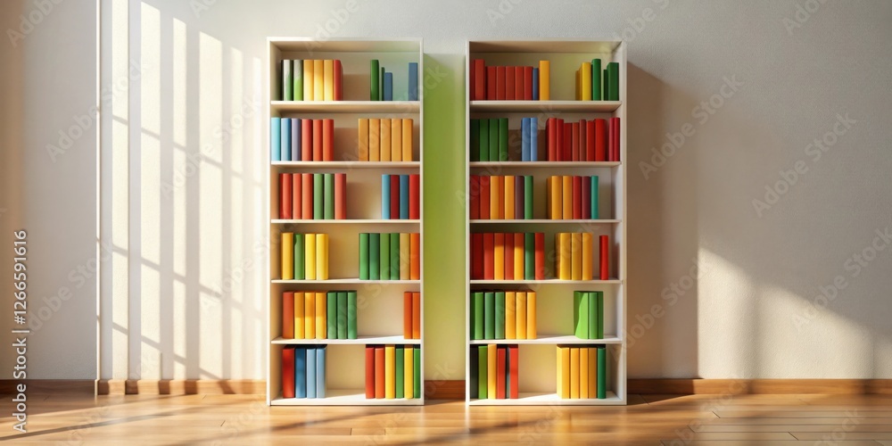 Aufkleber sunlight illuminates colorful books on a pair of simple white bookshelves in a room with wooden floo