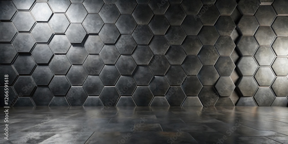 Poster dark hexagonal wall and floor studio background ideal for product displays and mockups