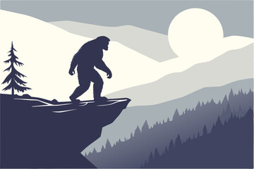 Sasquatch silhouette standing on cliff ledge art