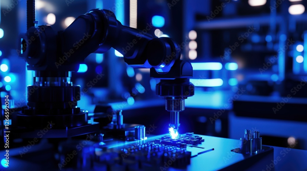 Poster robotic arm assembling electronic components in a high-tech lab with blue lighting effects