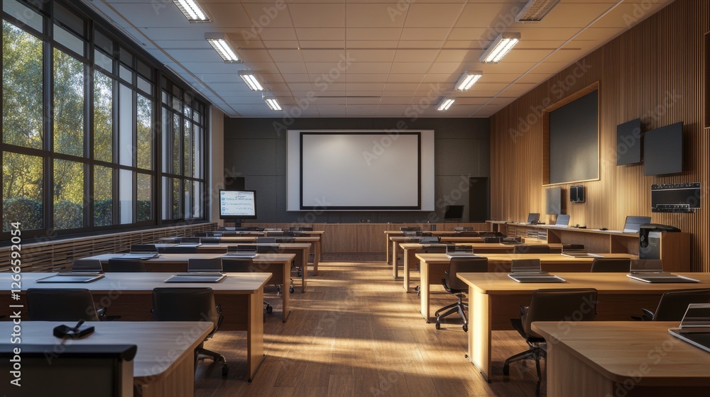 Poster a spacious, modern classroom featuring rows of desks, large windows, and a projector screen, creatin