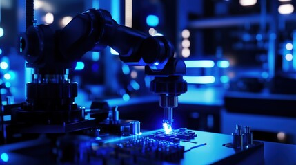 Robotic arm assembling electronic components in a high-tech lab with blue lighting effects