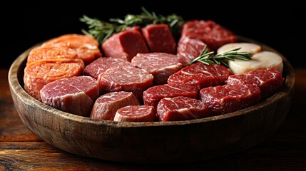 Obraz premium A wooden platter filled with assorted cuts of raw meat and fresh herbs.