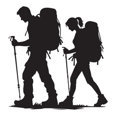 Couple hiking silhouette vector art