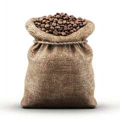 A burlap sack filled with freshly roasted coffee beans, ideal for coffee enthusiasts., on a white background