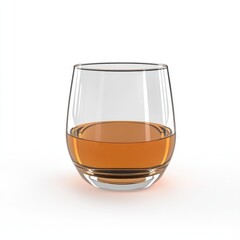 A close-up view of a whiskey glass filled with amber liquid on a light background., on a white background