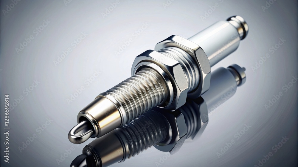 Fototapete close-up studio shot of a gleaming metallic spark plug with reflective surface