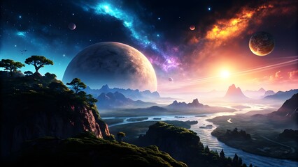 Spectacular Alien Planet with Floating Islands and Twin Suns in a Distant Galaxy