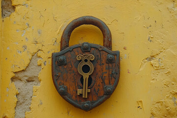 Antique lock on yellow wall, security, history, travel, decoration