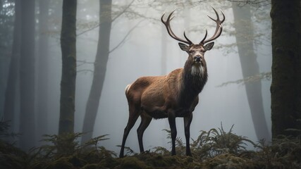A majestic stag stands in a misty forest, embodying tranquility and nature's beauty.