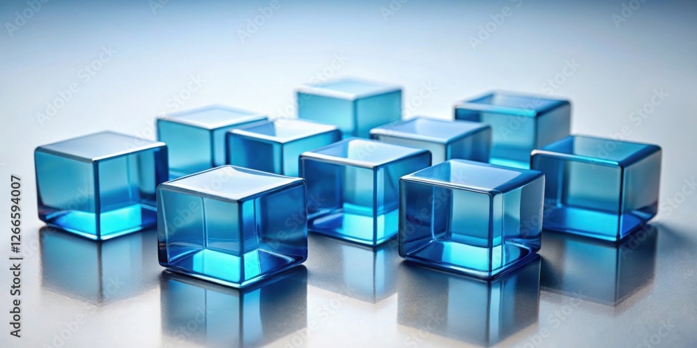 Poster a cluster of translucent azure cubes reflecting light on a polished surface