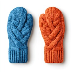 Cozy knitted mittens in blue and orange, perfect for winter fashion and warmth., on a white background