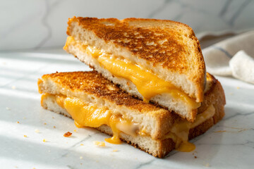 Golden Grilled Cheese Sandwich Stacked On Marble Surface Under Natural Light