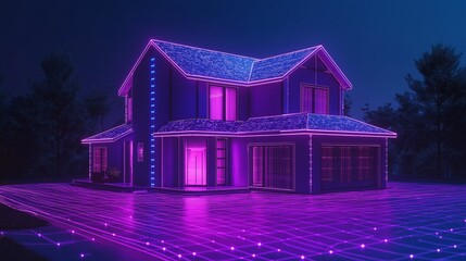 Futuristic holographic smart home with digital grid and glowing pink technology