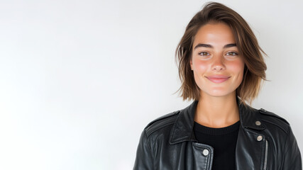 Fototapeta premium French happy woman wearing black leather jacket smiling isolated on white background