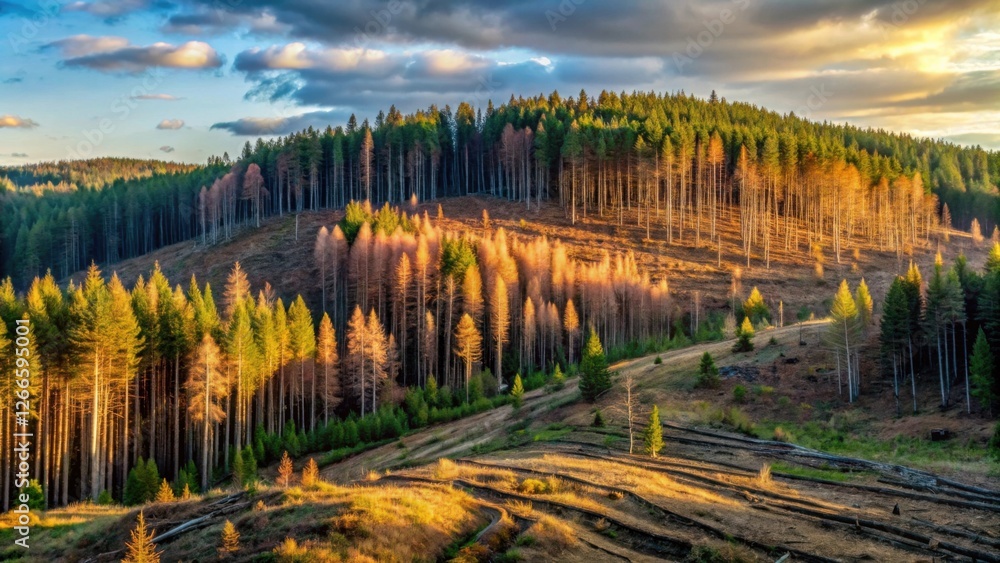 Poster Golden Hour Illumination on a Hillside Forest with Recent Logging