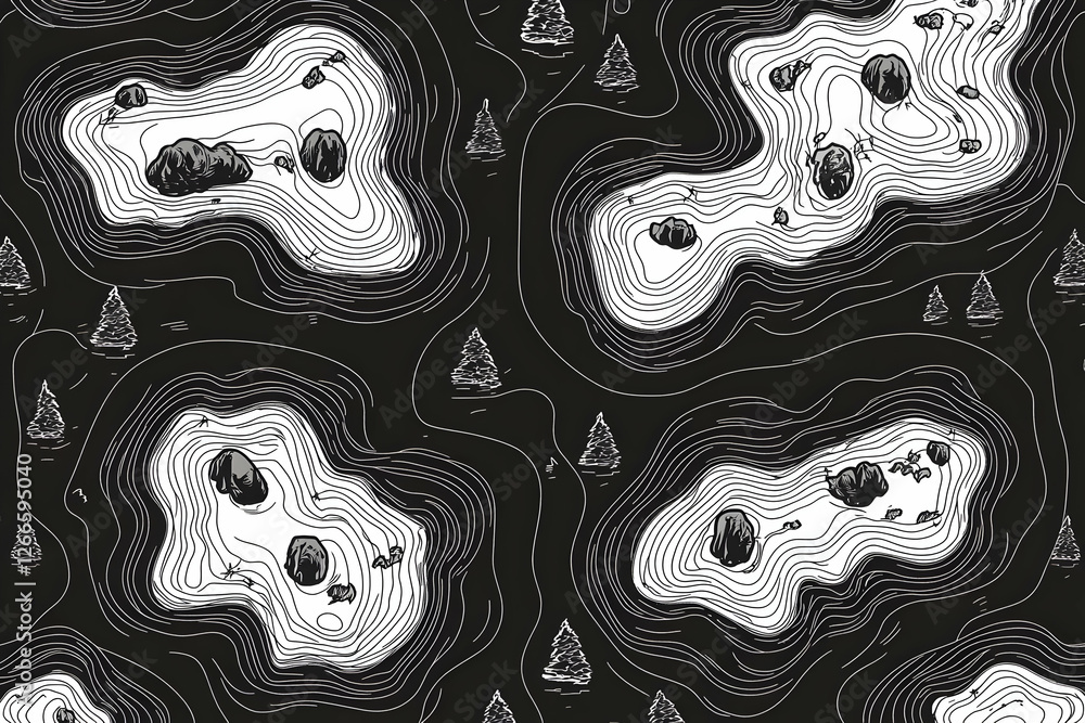 Poster abstract topographic map pattern with trees and rocks. possible use wallpaper, textile design, wrapp