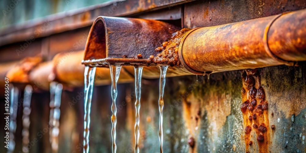 Poster rustic metal spout with cascading water streams, showing the effects of time and corrosion on metal
