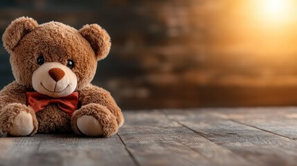 Obraz premium Teddy Bear on Wooden Table, Warm Sunset Background, Still Life, Gift