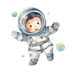 watercolors Cute astronaut floating in space illustration