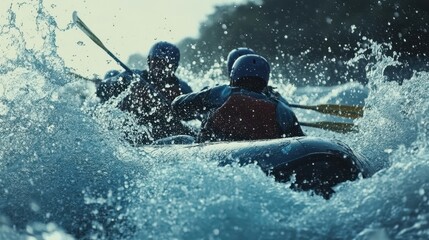 Naklejka premium Adventurous Rafters Navigating Thrilling Waters