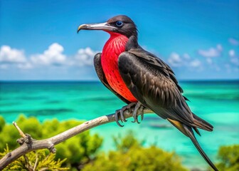 Fototapeta premium High-resolution photos of magnificent frigatebirds: flight, nesting, perched on Holbox Island, Mexico.