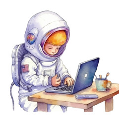 watercolors Cute astronaut hacker operating laptop illustration