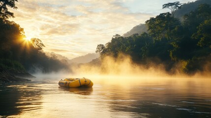 Fototapeta premium Serene Raft on Calm River at Sunrise with Mist