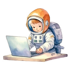 watercolors Cute astronaut holding laptop illustration 