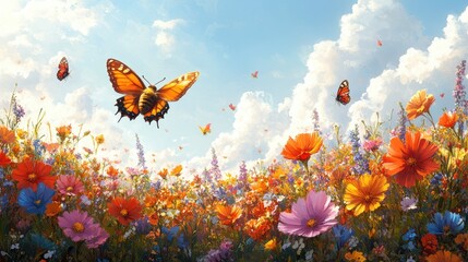 A vibrant, colorful scene depicting a field of wildflowers,